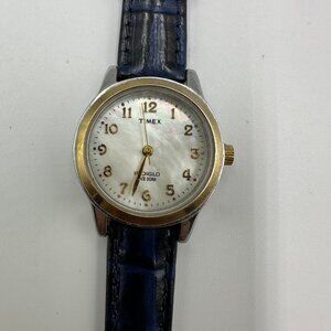 3/$30 Timex Watch Women Silver Gold Mother of Pearl Dial Blue Leather Band
